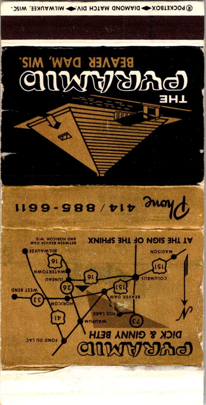 The Pyramid  Dick & Ginny Beth Beaver Dam WI Vintage Matchbook Matchbox SMM21-1